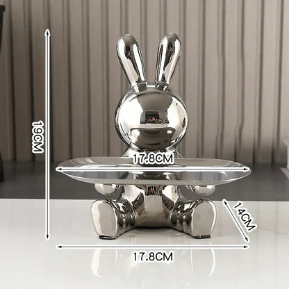 Shiny silver ceramic colorful rabbit storage box with flat tray for living room decorbites colorful rabbit tray