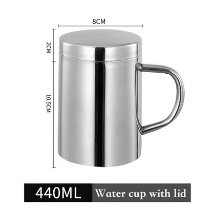A sleek 440ml shiny stainless steel double wall coffee mug with matching lid and handle for kitchen travel use