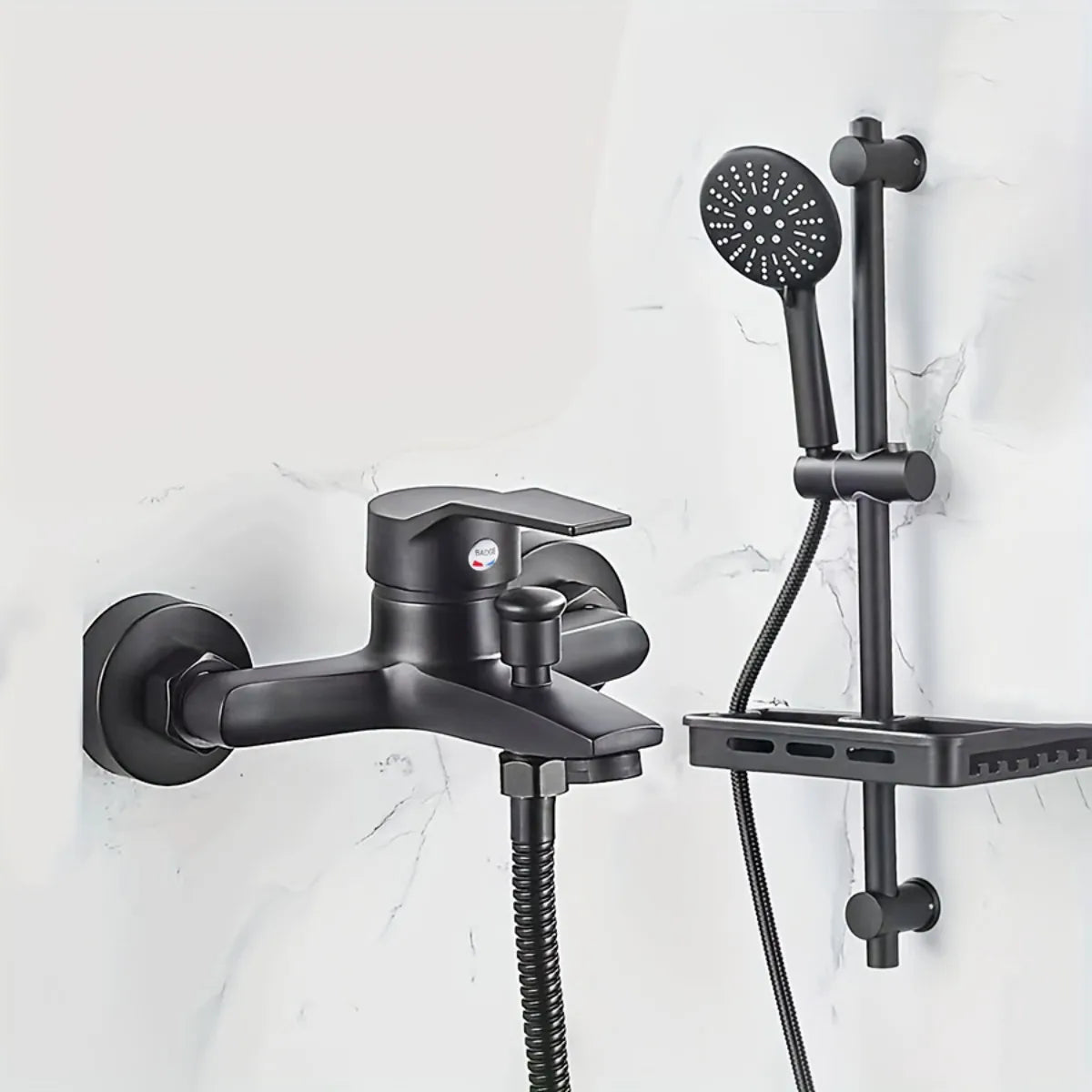 Black matte finish shower faucet set made of alloy with handheld showerhead and slide bar for home bathroom use