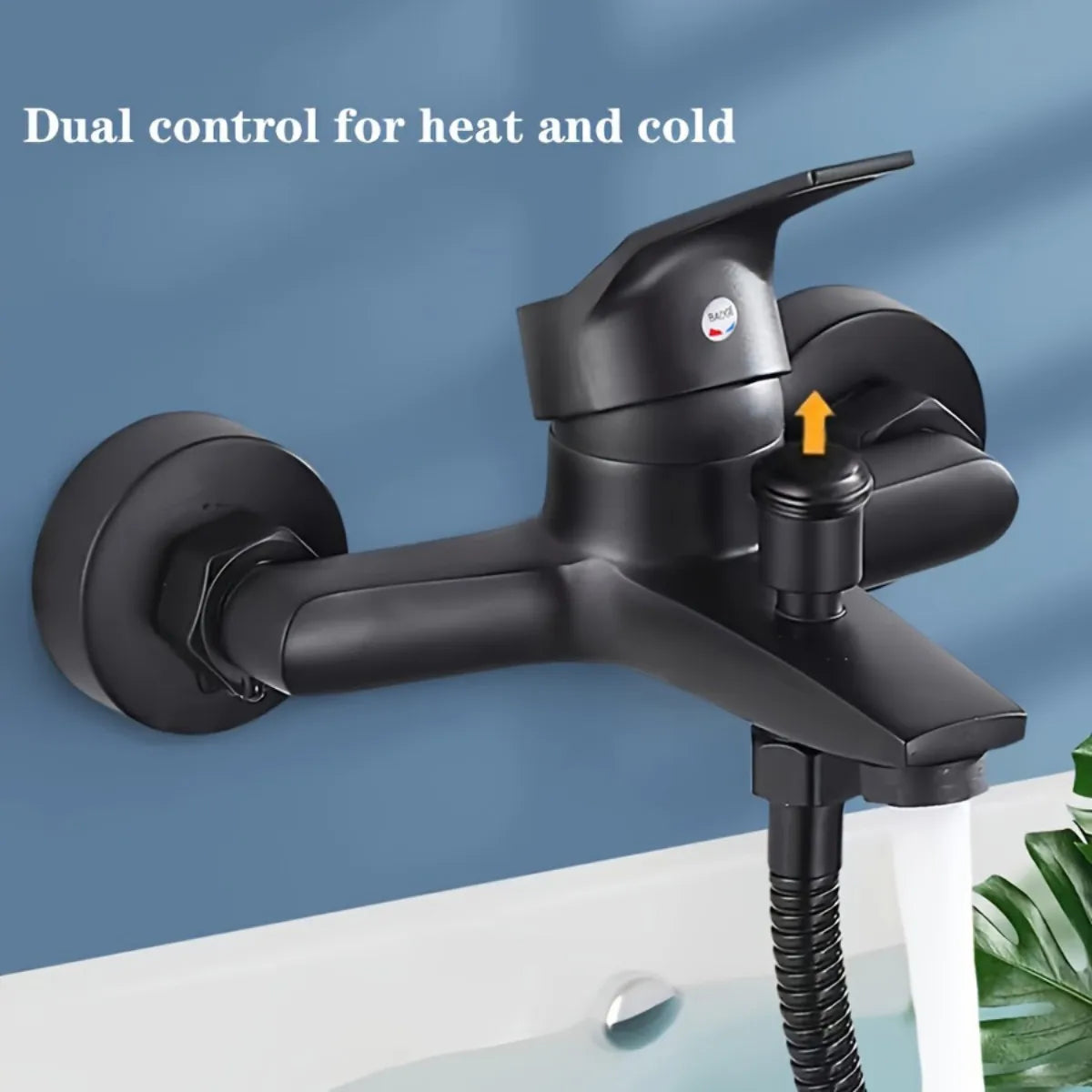 Black matte wall-mounted bathtub faucet with dual control handles made of alloy suitable for home bathroom use