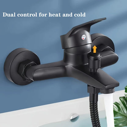 Black matte wall-mounted bathtub faucet with dual control handles made of alloy suitable for home bathroom use