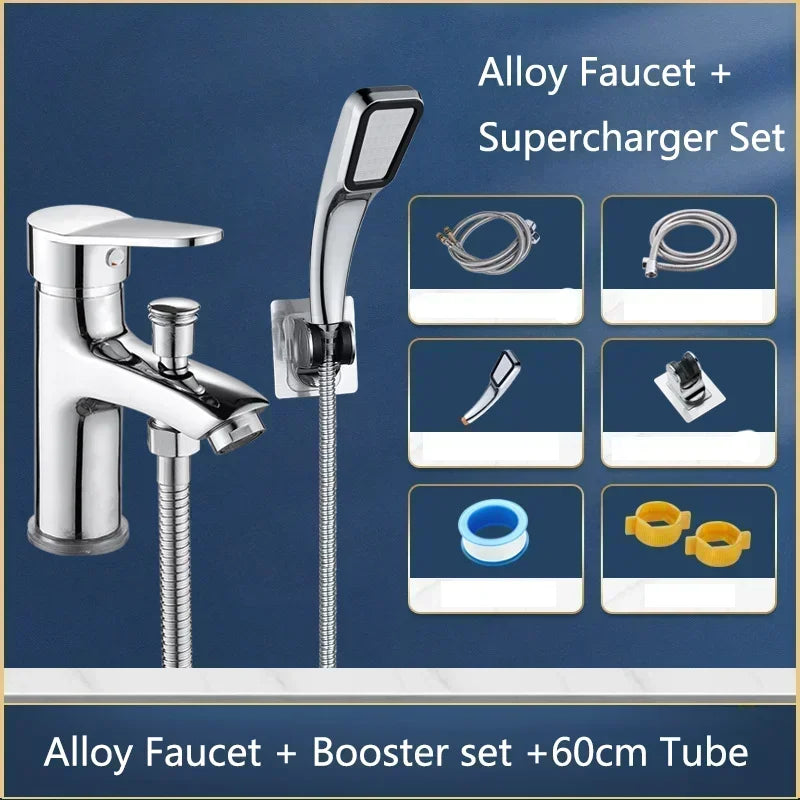Shiny chrome alloy shower faucet set with handheld showerhead and flexible hose multifunctional bathroom fixture