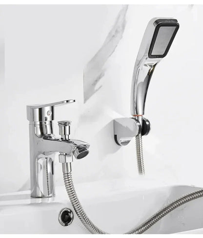 Shower faucet set multifunctional with chrome finish, sleek modern design, and flexible hose attached to handheld showerhead