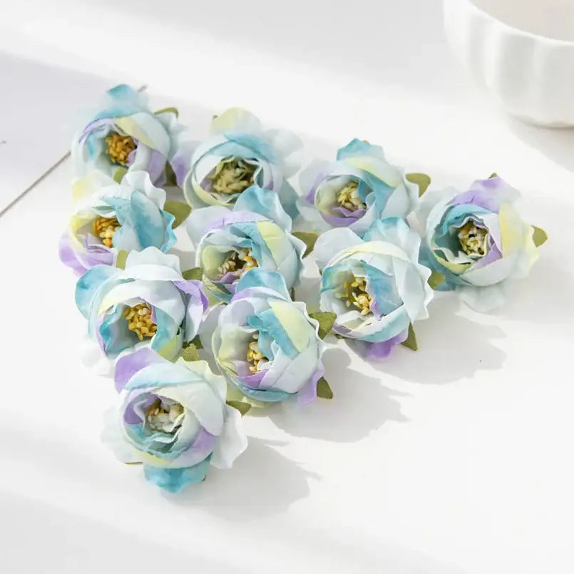 Silk peony flower collection featuring pastel blue lavender and white artificial peonies with yellow centers for decor