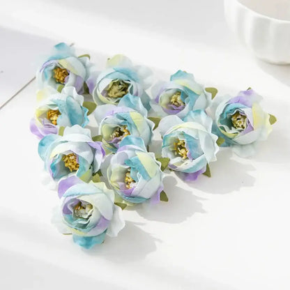 Silk peony flower collection featuring pastel blue lavender and white artificial peonies with yellow centers for decor