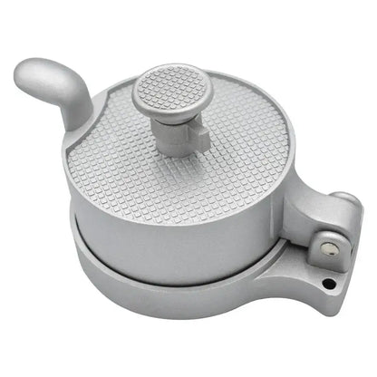 Silver aluminum meat press tool with textured top surface and handle for kitchen hamburger press use