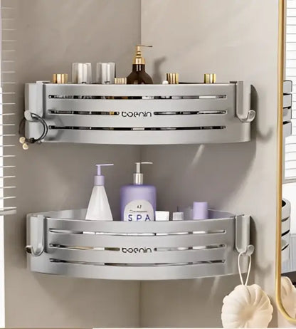 Silver aluminum two tier corner shelf with towel bar hook featuring a sleek modern design and horizontal slats decorbites corner shelf