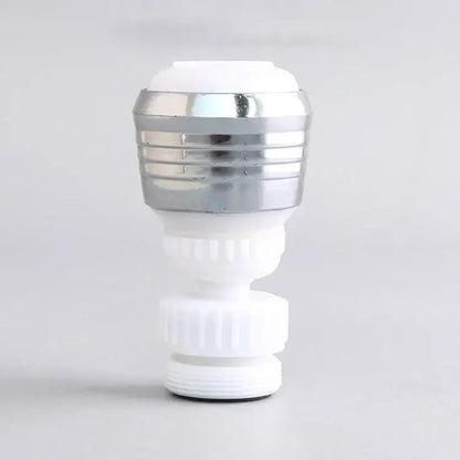 Silver and black decorbites kitchen faucet aerator with white and chrome ribbed 360 rotating spray nozzle design