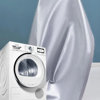 White siemens front-loading dryer with digital display shown with silver and gray antibacterial decorbites cooling sheet