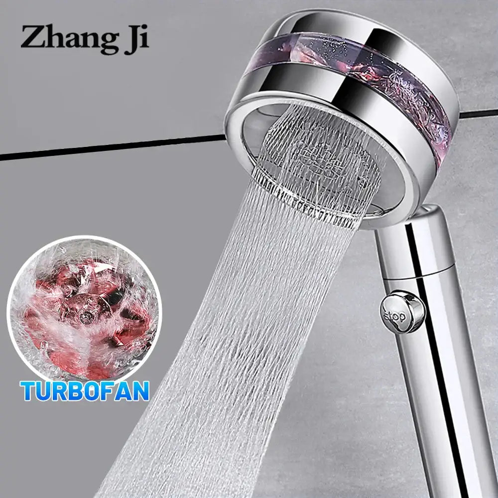 Silver chrome-finished zhang ji double panel turbo shower head with translucent purple band and multiple water jets flowing