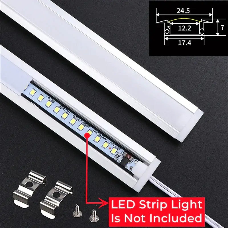 White led strip light fixture with sleek rectangular design and integrated circuit board in silver aluminum profile recessed channel