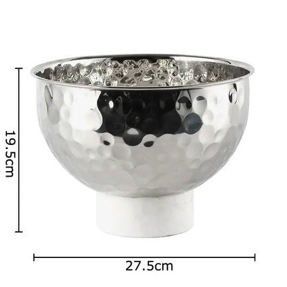 Silver and white hammer pattern fruits bowl with hammered silver metal and white marble pedestal base for dining room