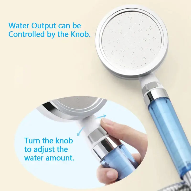 Silver and translucent blue shower head with rotating knob for water flow control decorbites 10cm panel enhancing shower experience