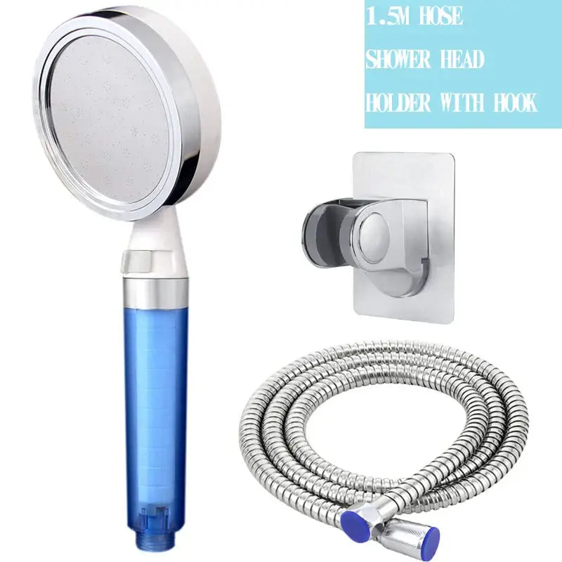 Chrome finished shower head with blue translucent water filter housing and flexible metal hose by decorbites 10cm panel