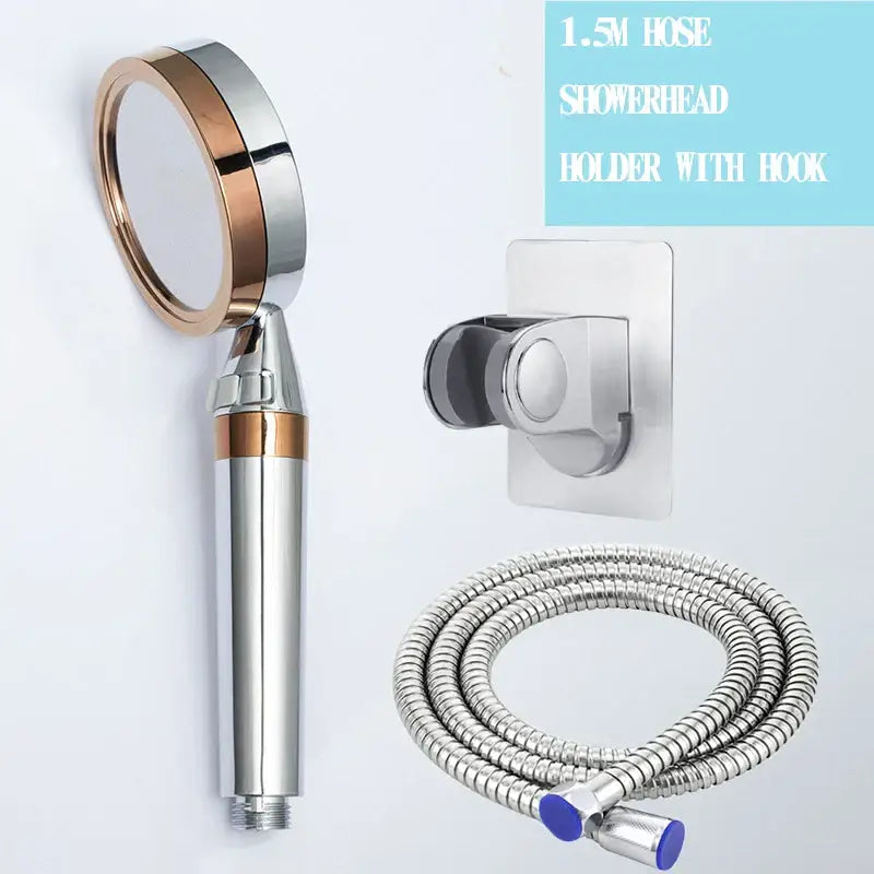 A sleek two-tone silver and rose gold shower head with polished chrome for enhanced shower experience with decorbites 10cm panel