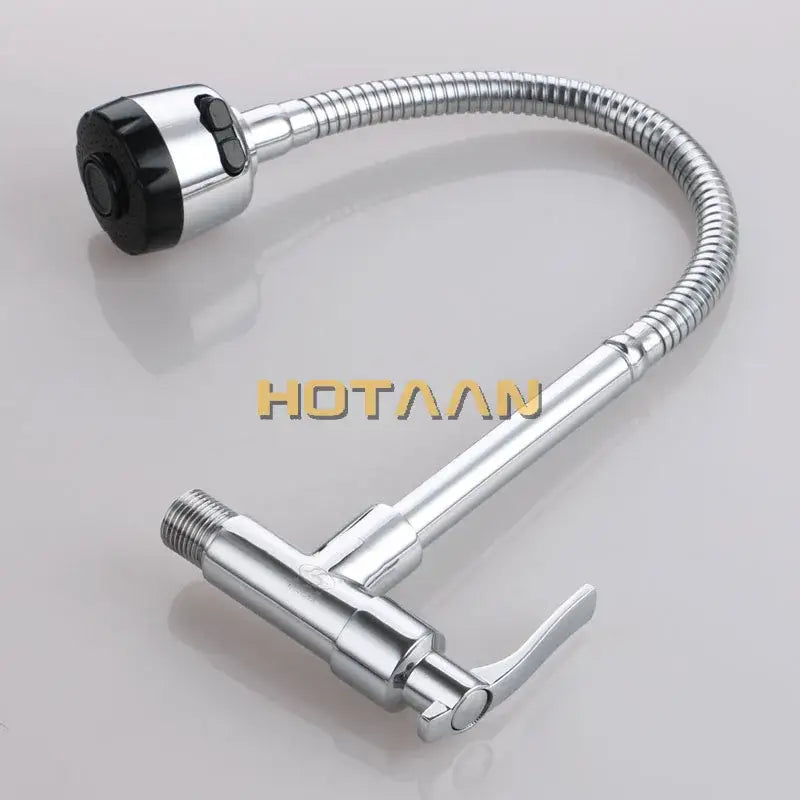 Silver brass cold kitchen faucet with chrome finish flexible gooseneck and black rubberized spray head textured grip
