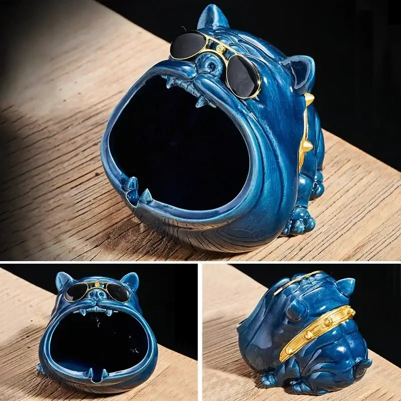 Blue bulldog ceramic ashtray with gold-trimmed sunglasses and collar for living room desktop accessory