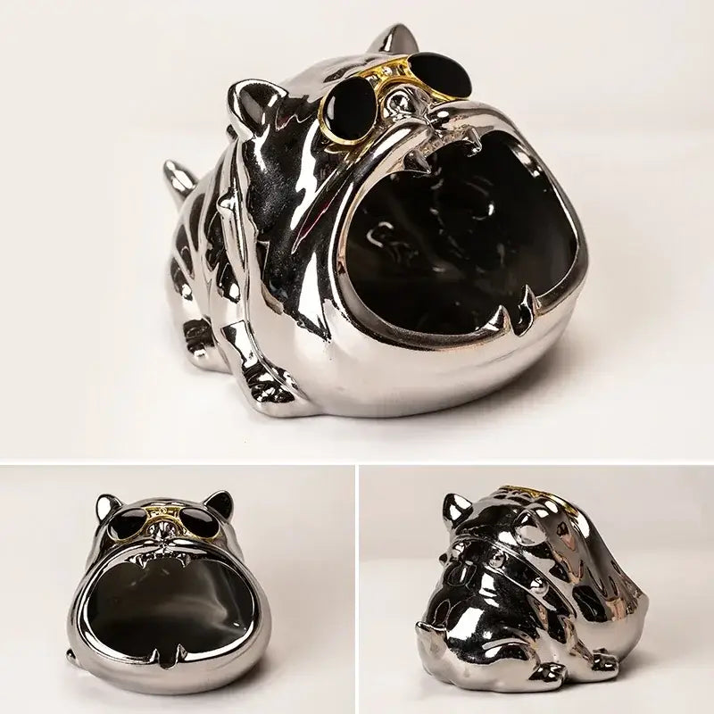 Shiny silver bulldog ceramic ashtray with black sunglasses and gold accents for living room desktop accessory
