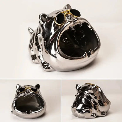 Shiny silver bulldog ceramic ashtray with black sunglasses and gold accents for living room desktop accessory