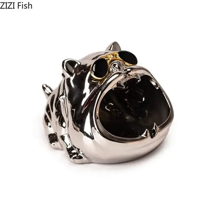 Silver bulldog ceramic ashtray shaped like a bulldog wearing gold-rimmed sunglasses for living room desktop accessory