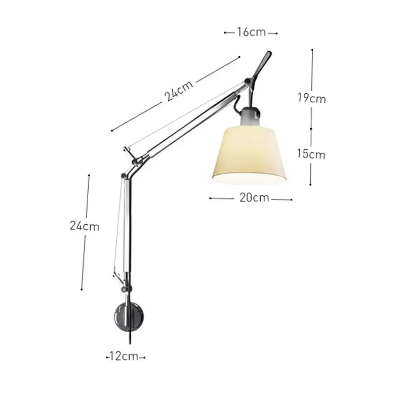 Adjustable chrome-finished wall lamp with cream fabric shade and long swing arm for bedroom reading by decorbites