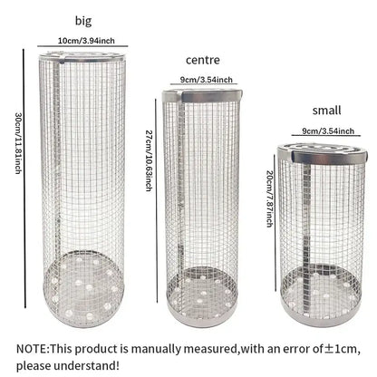 Silver cylindrical stainless steel mesh grilling basket set labeled big, centre, and small by decorbites grilling basket