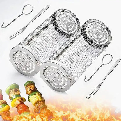 Silver cylindrical stainless steel mesh grilling basket with circular vents plus skewers and hooks by decorbites grilling basket