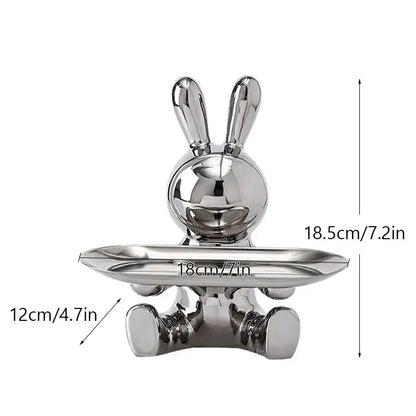 Shiny metallic silver decorbites astronaut rabbit resin tray with reflective finish for office storage decor