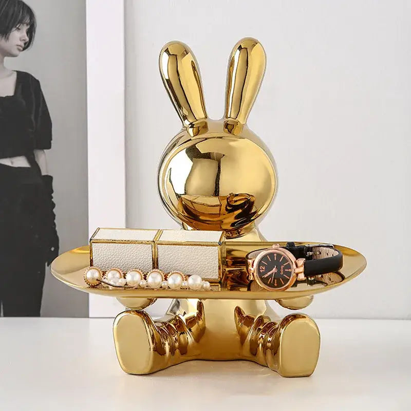 Golden ceramic decorbites astronaut rabbit tray with glossy finish serving as elegant resin rabbit storage decor