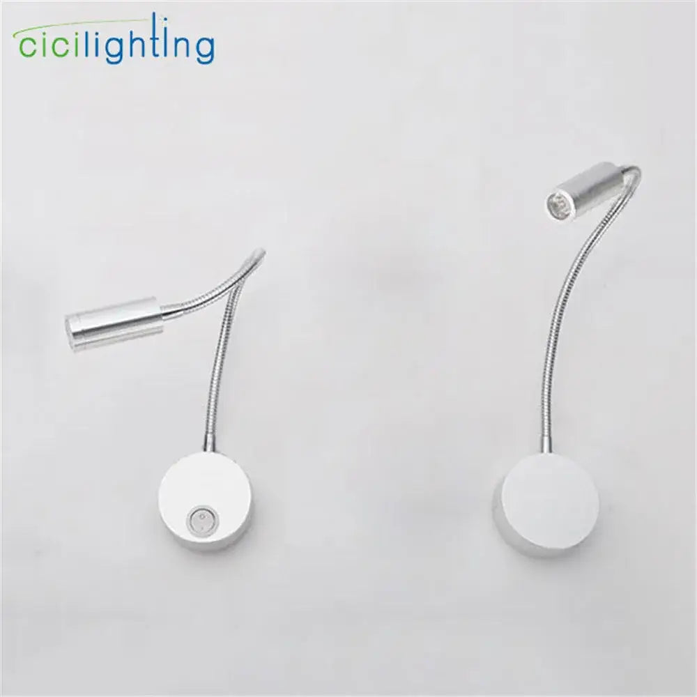 Two silver flexible gooseneck led wall sconces with circular bases for bedroom reading by decorbites 3w flexible