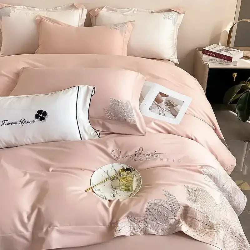 Pink satin duvet cover with delicate silver leaf embroidery and romantic stitching in decorbites cotton king size bedding set