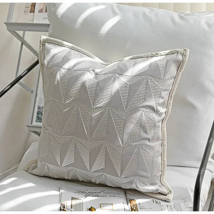 Off-white square pillow cover with silver geometric embroidery and decorbites conical geometric luxe design for living room decor
