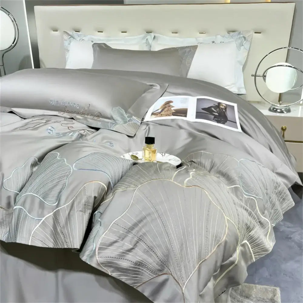 Silver gray satin duvet cover bedding set with delicate light silver leaf embroidery 1200tc embroidery egyptian cotton