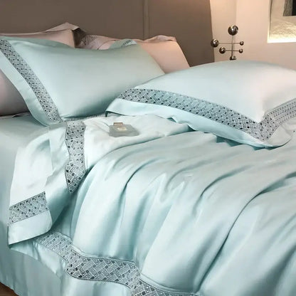 Light blue satin silver gray eucalyptus fiber summer quilt with delicate silver geometric embroidery decorbites eucalyptus fiber