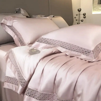Pink satin bedding set with delicate lace trim styled with decorbites eucalyptus fiber summer quilt for elegant bedroom decor