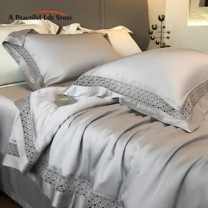 Silver gray eucalyptus fiber summer quilt bedding set with silver-gray satin and geometric lace trim for decorbites fiber summer quilt