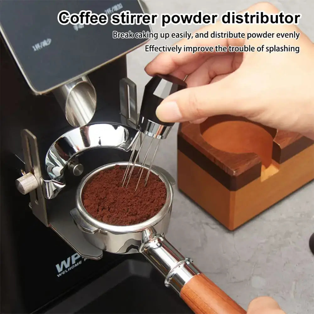Black and silver hexagonal aluminum espresso distributor wdt tool with wooden handle for precise coffee powder distribution