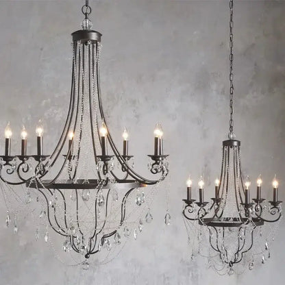 Black wrought iron pendant light with cascading clear crystal droplets by decorbites iron art for dining room decor