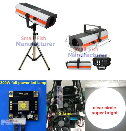 Silver metal 300w led follow spot light with sleek white and orange body mounted on adjustable tripod stand for weddings