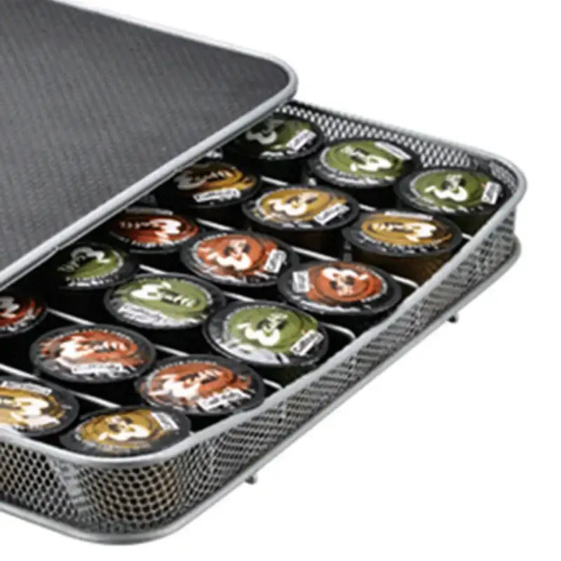 Silver metal coffee capsule storage rack mesh tray organizer holding multiple coffee capsules k cups for kitchen use
