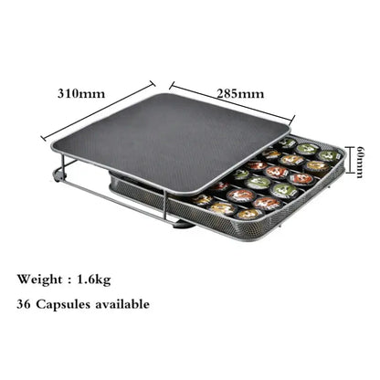 Black mesh coffee capsule storage rack with flat top and sliding tray holds 36 k-cups decorbites coffee capsule organizer