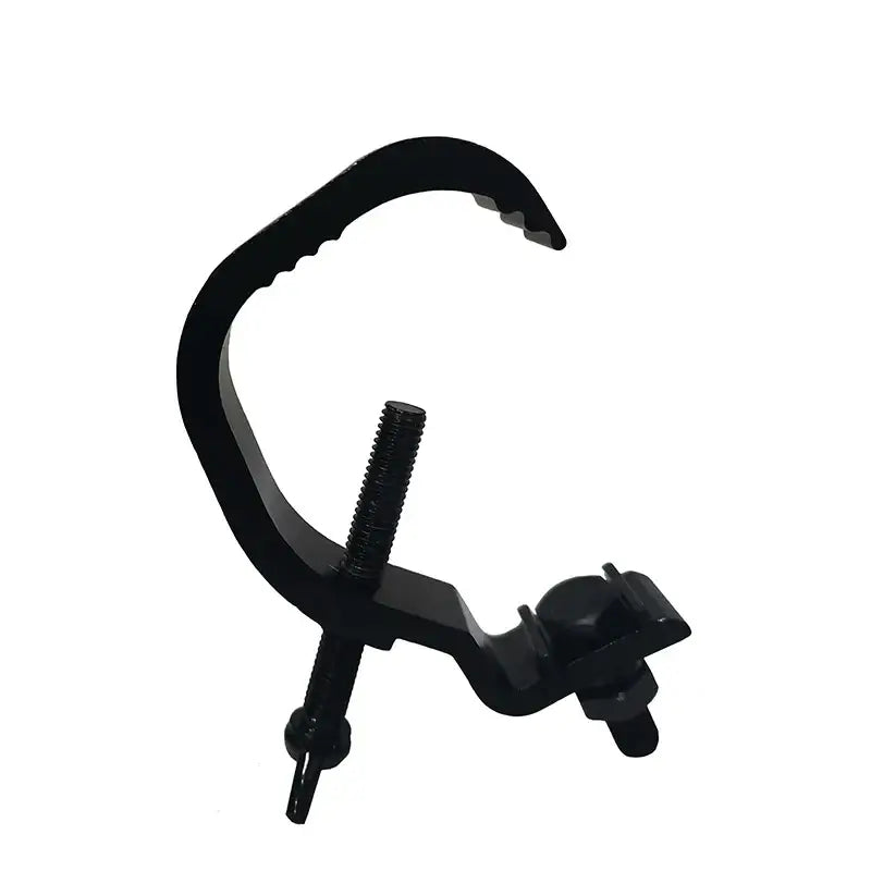 Silver metallic aluminium light hook with black metal clamp curved hook and threaded rod for secure led par moving head mounting