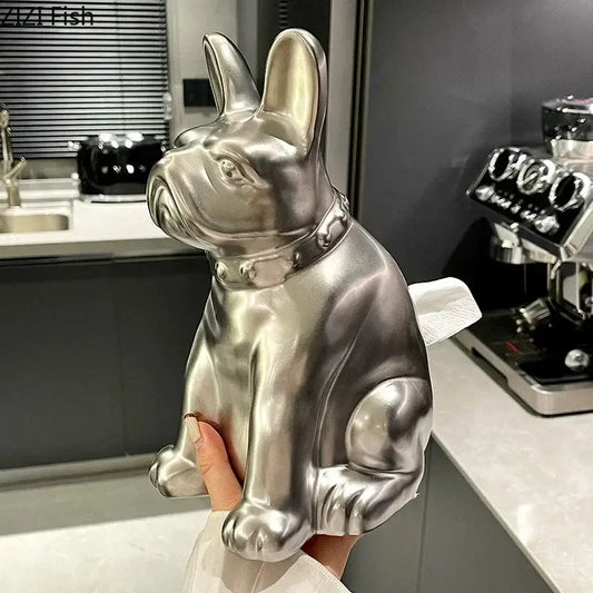 Silver metallic french bulldog ceramic tissue box with studded collar for living room decor by decorbites french bulldog