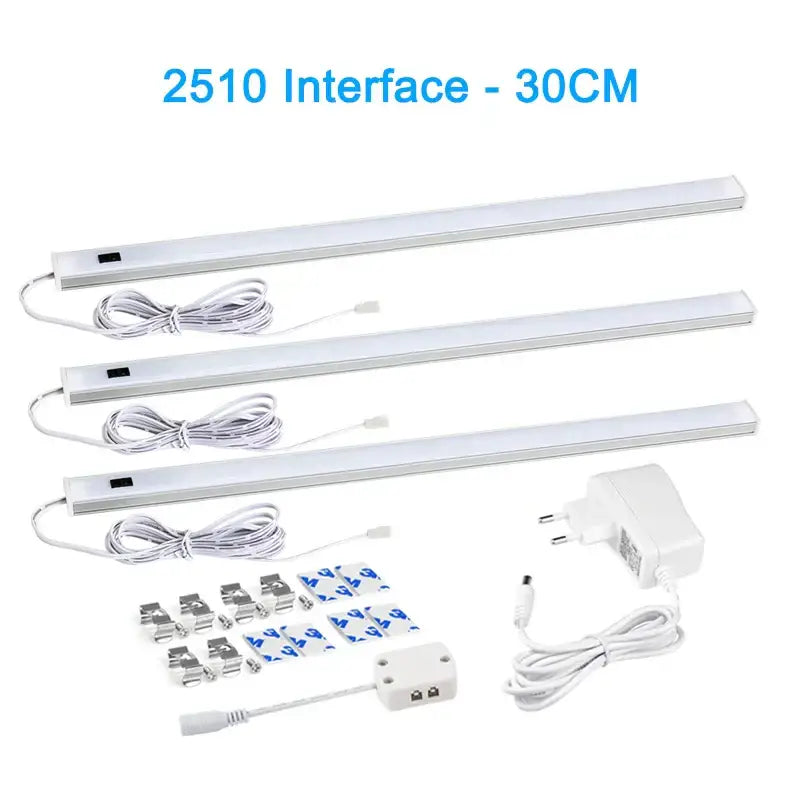 Three sleek white led strip cabinet lights with integrated power cords and pir motion sensor for living spaces