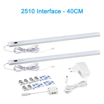 Two white slim led cabinet lights with pir motion sensor and integrated power cords for kitchen and living spaces