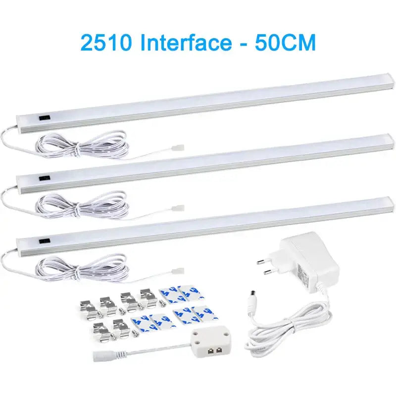 Three white 50cm led cabinet lights with pir motion sensor and power adapter for enhanced living spaces lighting