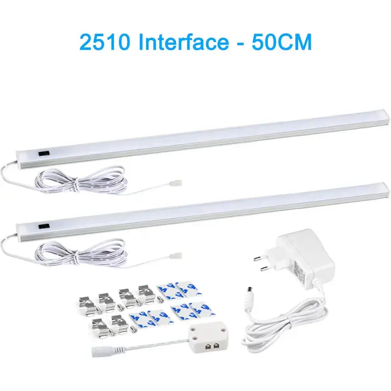 Two white 50cm led silver rectangular pir motion sensor cabinet lights with power cords for kitchen and living spaces