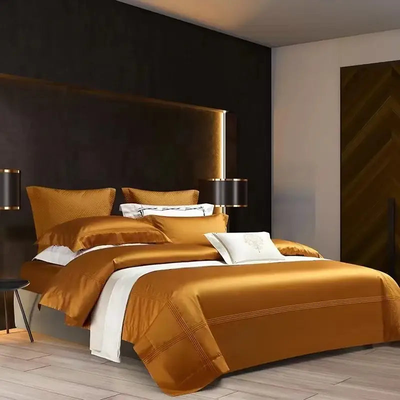 Luxurious gold satin bedding set with white accents made from decorbites 1000tc egyptian cotton for elegant bedroom decor