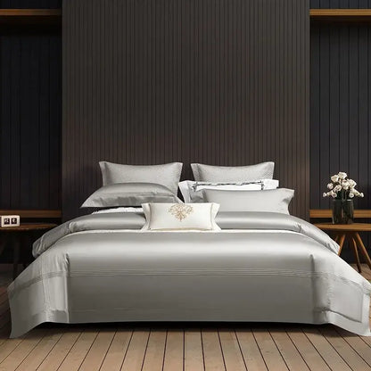 Silver satin bedspread with subtle embroidery in decorbites 1000tc egyptian cotton bedding set for luxury bedroom decor