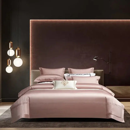 The silver satin egyptian cotton bedding set features a blush pink duvet with embroidered pillow from decorbites 1000tc egyptian